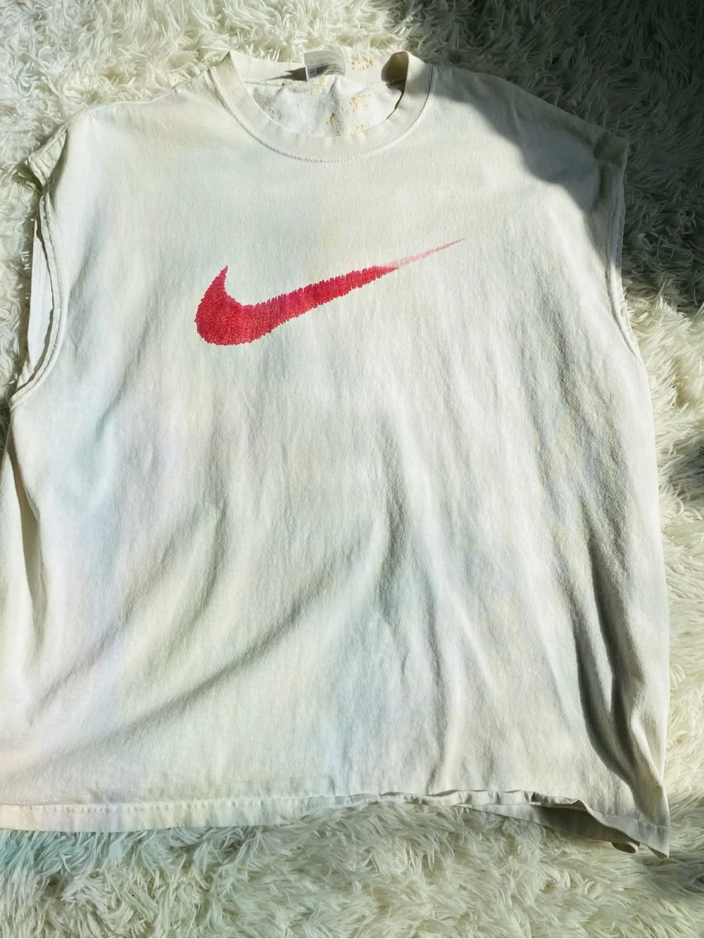Nike White Sleeveless Muscle Tank Pink Swoosh  XL Distressed Stained DIY Project